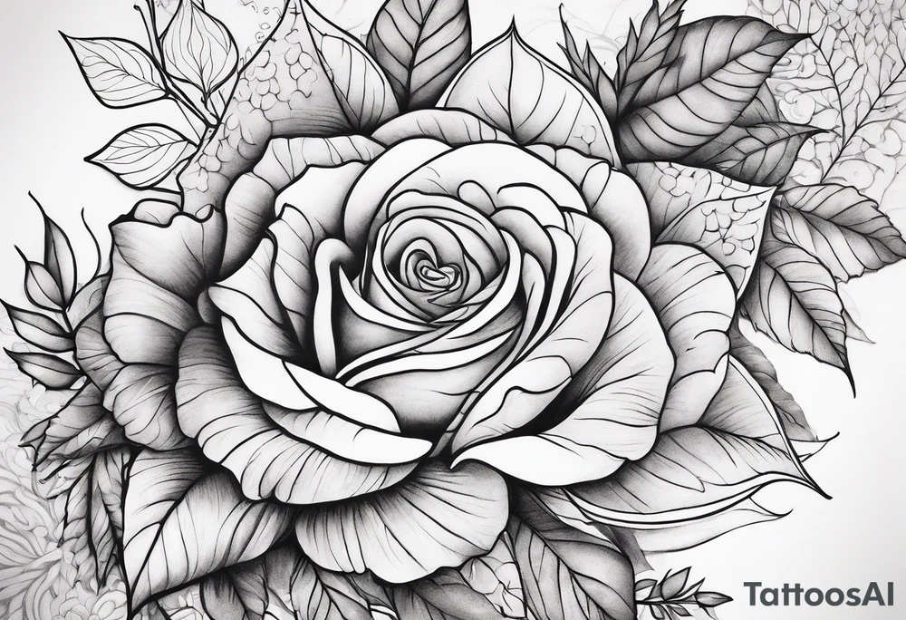 sleeve tattoo in fall colors with roses background swirls, leaves tattoo idea