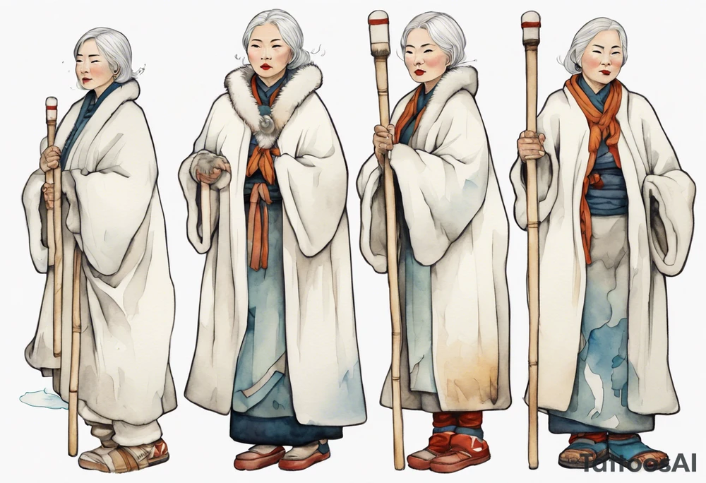 a middle aged Inuit woman with white hair and a white robe and white mittens and mukluks holding a plain white staff, standing on an iceberg tattoo idea