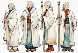 a middle aged Inuit woman with white hair and a white robe and white mittens and mukluks holding a plain white staff, standing on an iceberg tattoo idea