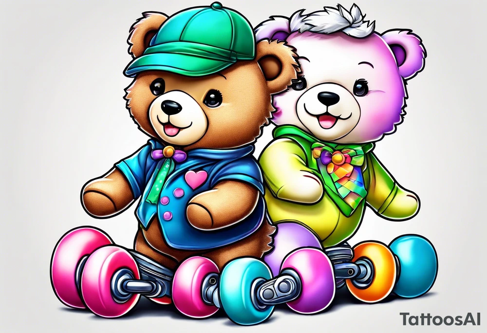 a teddy bear, wearing cute, pastel rainbow rollerskates tattoo idea