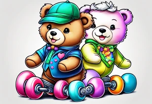 a teddy bear, wearing cute, pastel rainbow rollerskates tattoo idea