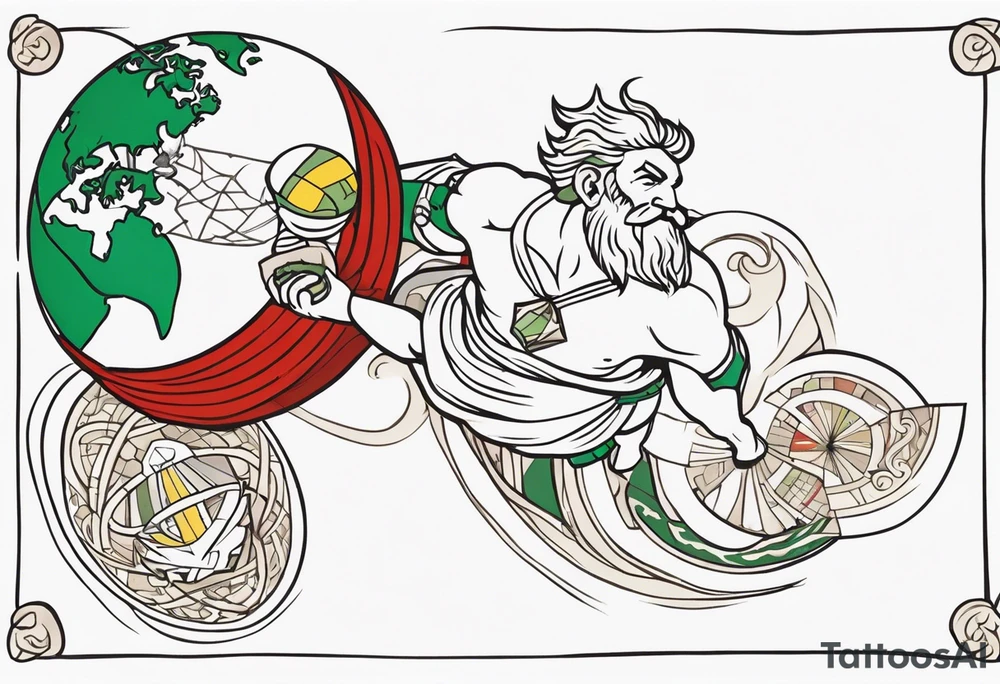 Traditional American tattoo of atlas carrying the world on his back, try to keep the colors to a minimum; red, green, brown, yellow tattoo idea