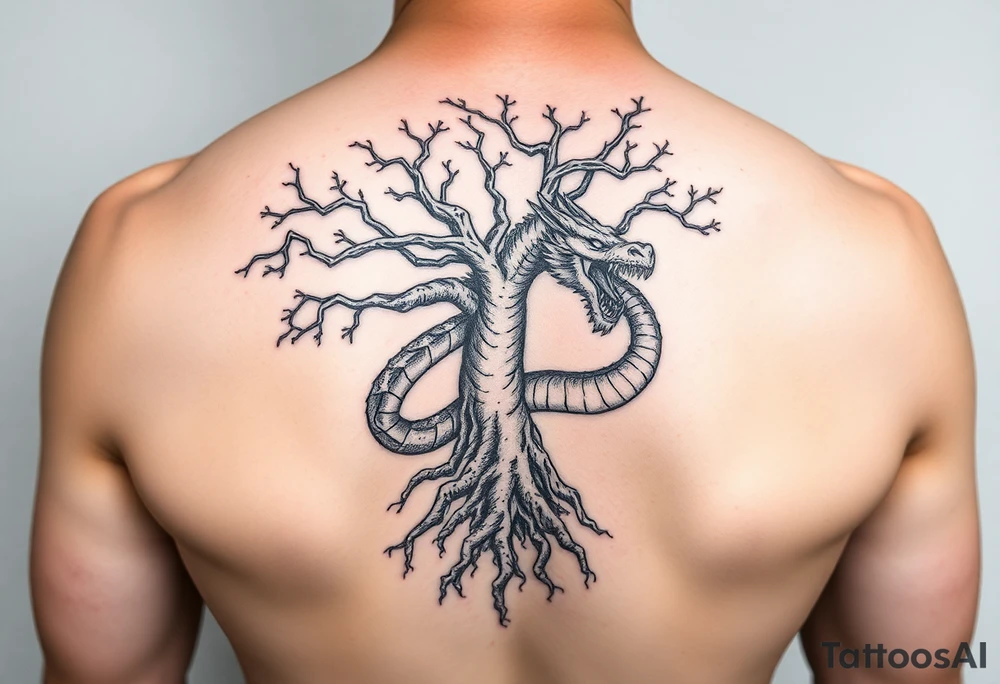 tree of life with roots absorbing a dragons tale while the dragon eats the tree tattoo idea