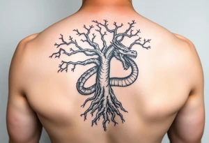 tree of life with roots absorbing a dragons tale while the dragon eats the tree tattoo idea