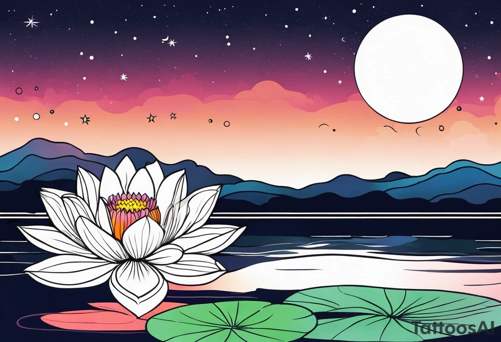 Single Vibrant colorful lotus flower on the pond with the night sky in the background tattoo idea