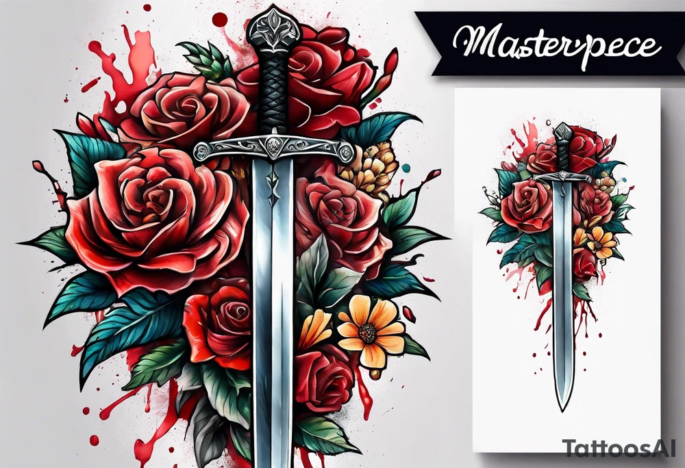 Bloody sword and flowers tattoo idea