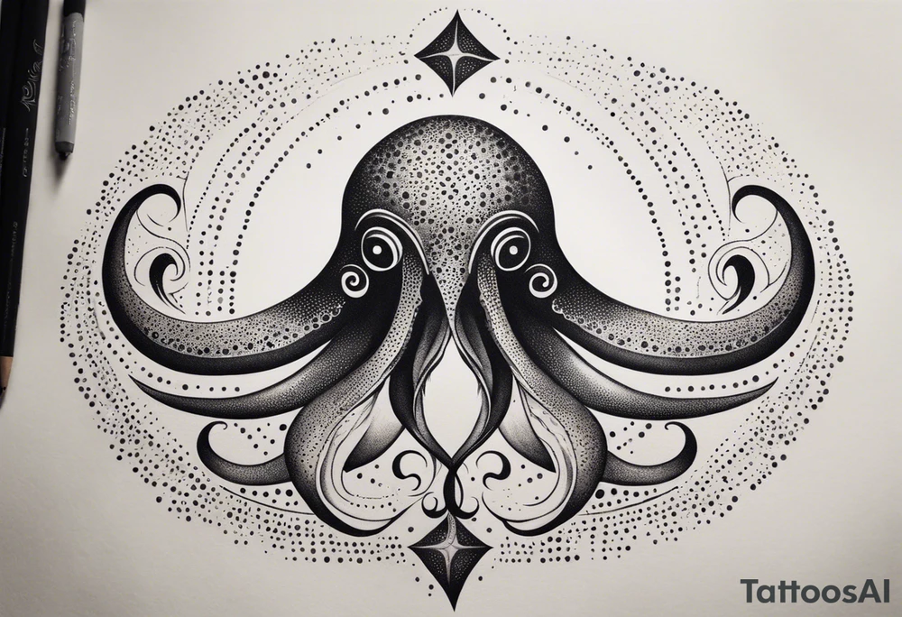asymmetric squid with four of its arms curved and overlapping to form the Pisces symbol tattoo idea