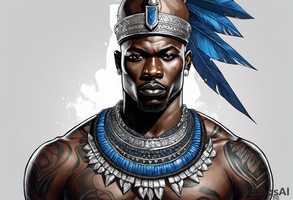 Black-skinned bald african warrior king with a simple silver crown. He uses blue necklaces and has a sword tattoo idea