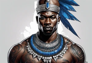 Black-skinned bald african warrior king with a simple silver crown. He uses blue necklaces and has a sword tattoo idea