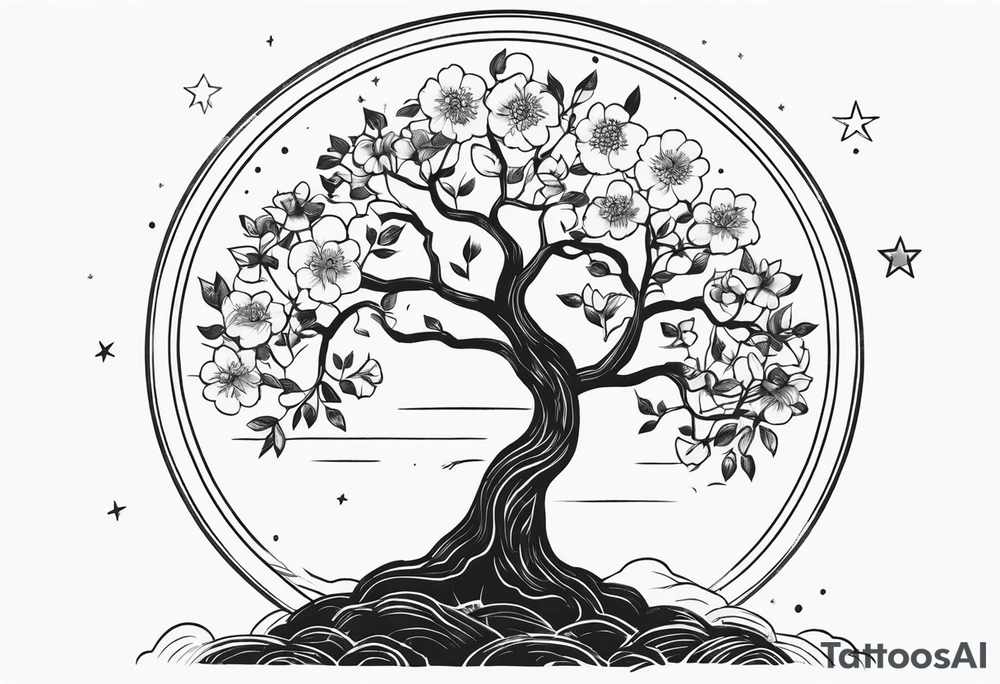 Tree with flowers , the moon , symbols of strength and power tattoo idea
