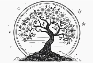 Tree with flowers , the moon , symbols of strength and power tattoo idea