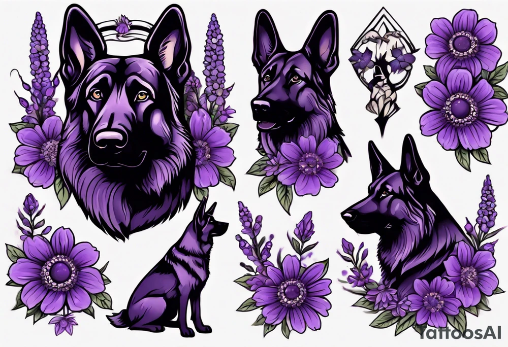 Dark Brown German shepherd portrait surrounded by purple daisies tattoo idea