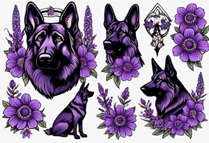 Dark Brown German shepherd portrait surrounded by purple daisies tattoo idea