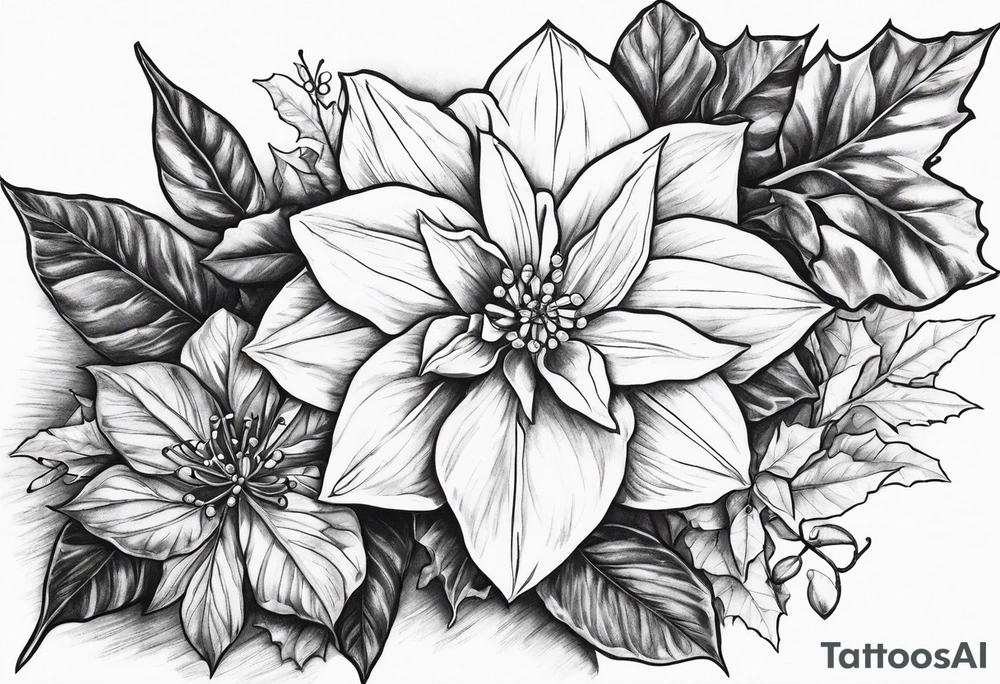 Narcissus, Poinsettia, and Holly tattoo idea