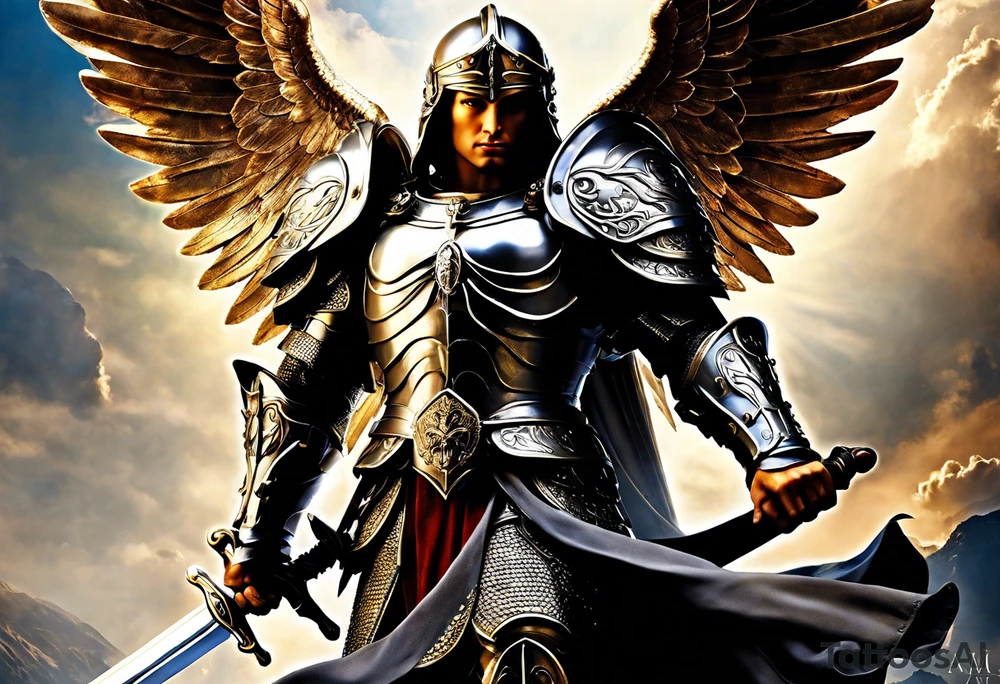 **Tattoo Design: Archangel Michael**

- **Central Theme**: Archangel Michael, majestic and powerful, stands ready with a raised sword, prepared to battle evil.
- **Appearance**: The figure of Archangel Michael depicted in full angelic armor, with majestic wings spread wide.
- **Expression**: His stance conveys strength, courage, and determination in defense of good.
- **Details**: Focus on intricate details such as facial features, armor embellishments, and the raised sword.
- **Background**: May be stylized as celestial, with rays of light or clouds, accentuating the divine presence of Archangel Michael.
- **Placement**: Intended for placement on the chosen body area, with the option to adjust the size according to personal preferences. tattoo idea