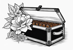 An sailor Jerry style tattoo of a vintage cigar box with one cigar propped up next to it.. surrounding the box is flowers tattoo idea