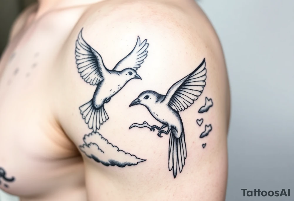 Dove and a blue jay, clouds, shining light to or from heaven tattoo idea