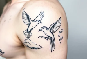 Dove and a blue jay, clouds, shining light to or from heaven tattoo idea