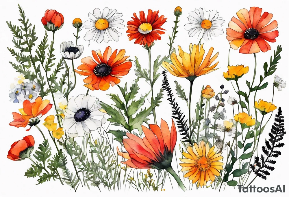 an oval of wildflowers cascading with thistles, ferns, white anemones, sun flowers, red flowers, black flowers, buttercups, orange flowers, babys breath and daisies all in watercolor tattoo idea