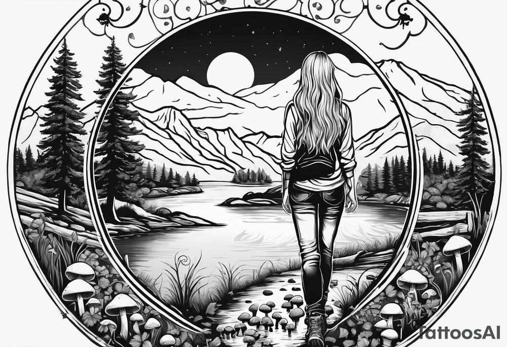 Whole picture encircled fully

Straight long blonde hair hippie girl in distance holding mushrooms in hand facing away toward mountains and creek surrounded by mushrooms long sleeve shirt and hiking pants; whole rendering within a full circle, no cut off circle tattoo idea