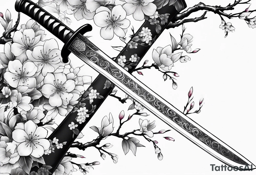 Katana with blossom surrounding it tattoo idea