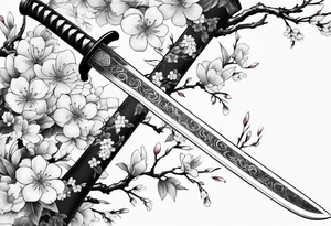 Katana with blossom surrounding it tattoo idea
