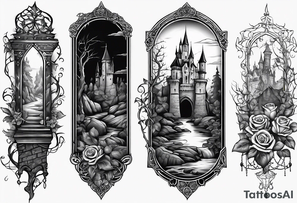 tattoo fool sleeve, old broken gothic castle, broken sword, tree roots break out of the chains, roses tattoo idea