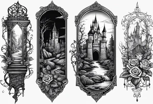 tattoo fool sleeve, old broken gothic castle, broken sword, tree roots break out of the chains, roses tattoo idea