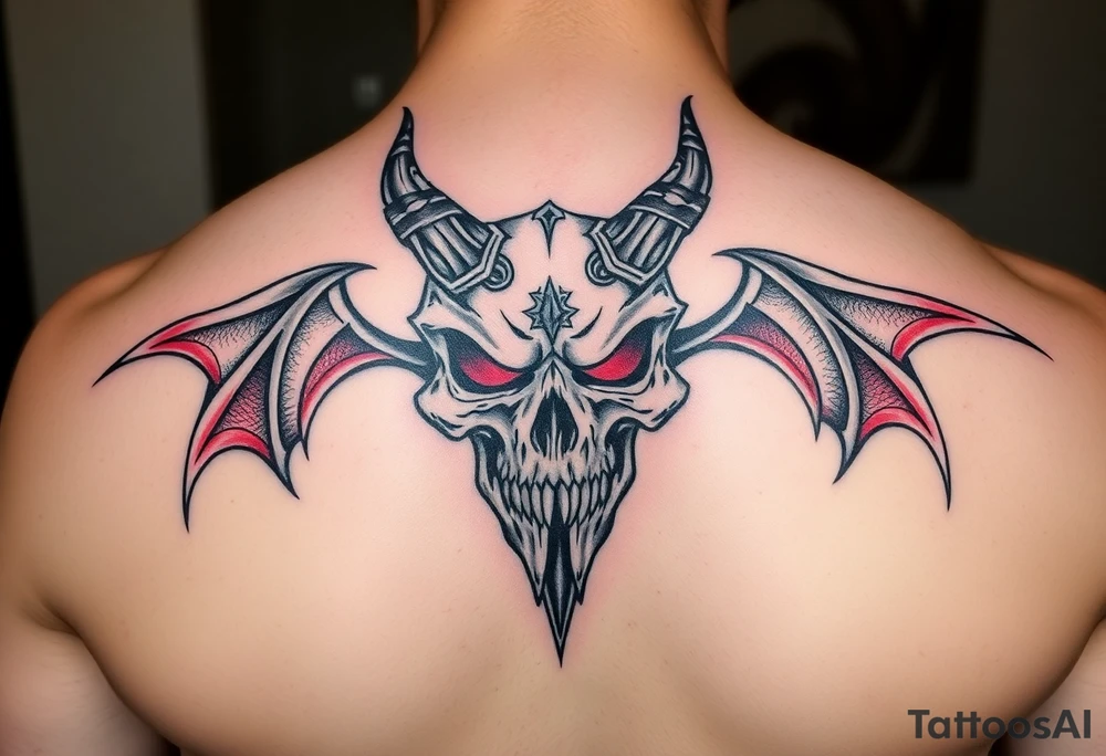 Demon skull black and red on left chest male tattoo idea