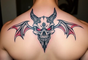 Demon skull black and red on left chest male tattoo idea