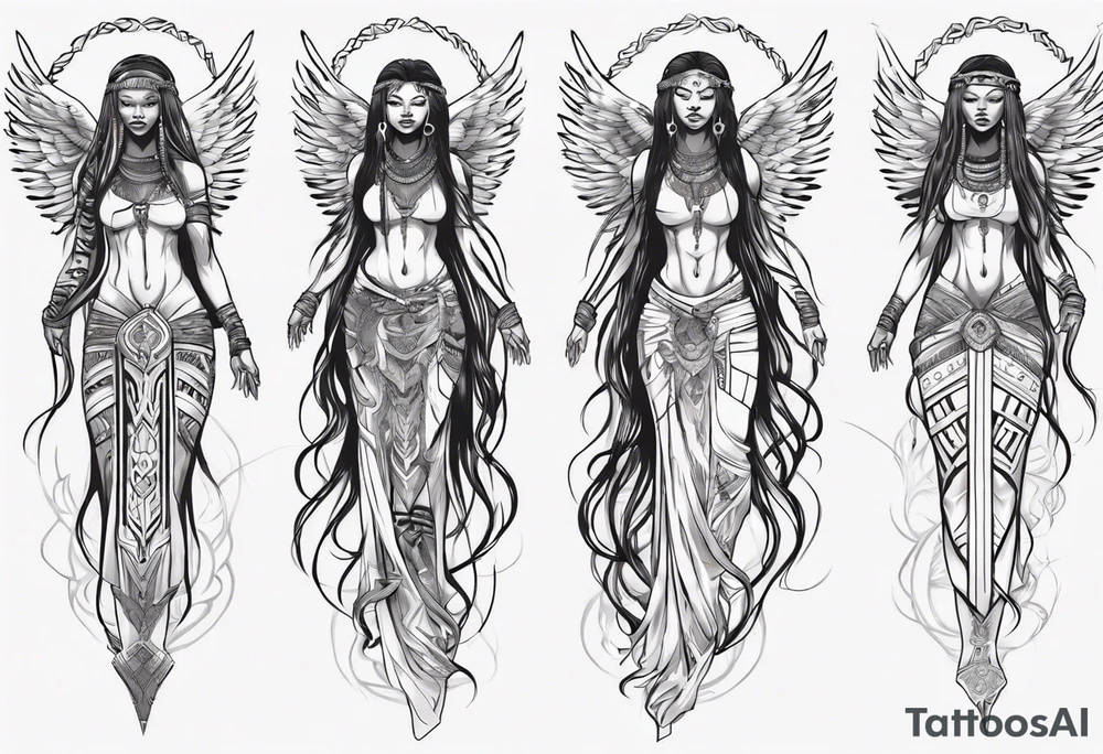 African female valkyre full body angelic
slim face long braided hair descending from heaven tattoo idea