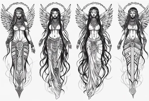 African female valkyre full body angelic
slim face long braided hair descending from heaven tattoo idea