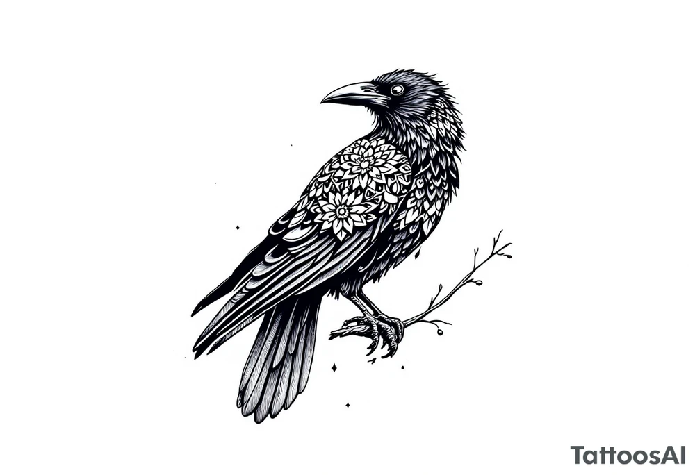 Black Raven on a branch looking over its shoulder with mandala tattoo idea