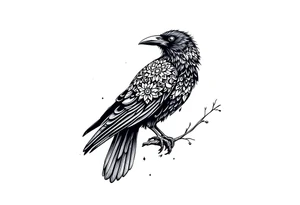 Black Raven on a branch looking over its shoulder with mandala tattoo idea