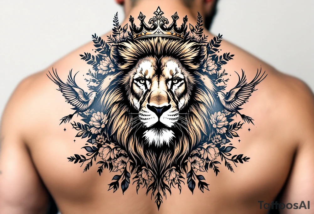 powerful majestic lion with a crown, surrounded by floral ornaments and birds tattoo idea