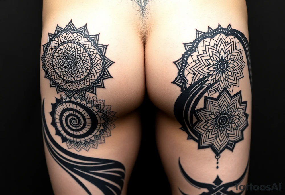 Blackwork geometric tattoo on male lower body, both thighs fully 
covered, buttocks and lower back, large central mandala on lower back 
flowing into glutes, double spiral motif on each buttock cheek, 
spiral black bands wrapping diagonally around thighs, alternating 
fill patterns per zone: dotwork floral geometry on outer thigh, 
hexagonal star patterns on inner thigh, massive black background 
areas, fine ornamental cutouts, seamless full coverage with no gaps, 
pure black ink, no grey wash, photorealistic tattoo photography, 
dark background tattoo idea