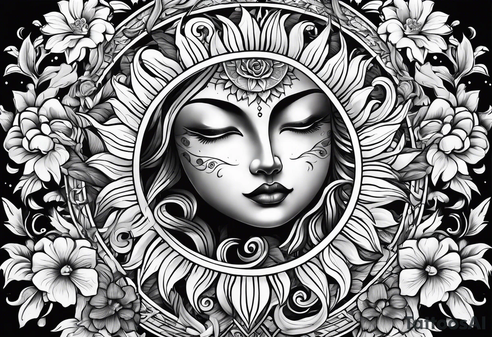 sun moon floral no shading or shadowing tattoo idea