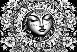 sun moon floral no shading or shadowing tattoo idea