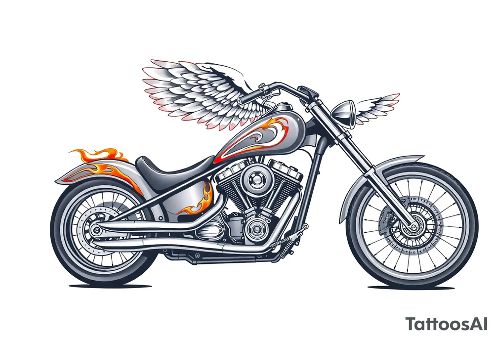 Low rider grey motorcycle, flames, angel wings tattoo idea