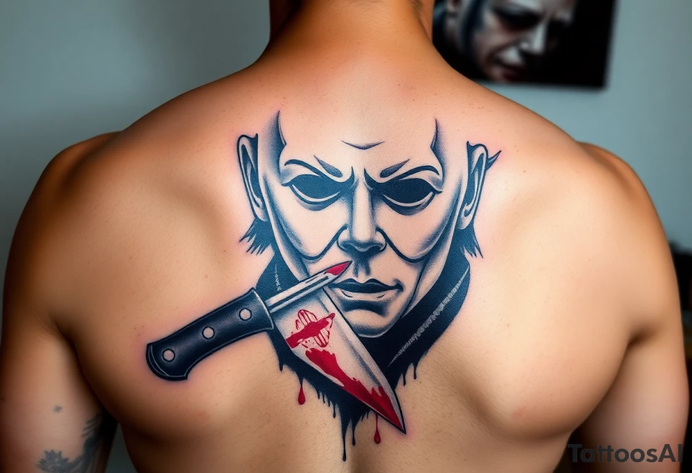 Scary Micheal Myers with a bloody knife stabbing tattoo idea
