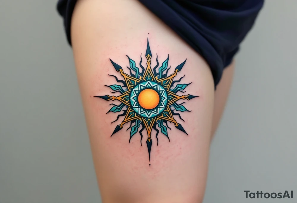 A vibrant Celtic sun tattoo in teal and gold symbolizes harmony and light at the center of the chest. tattoo idea