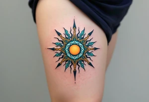A vibrant Celtic sun tattoo in teal and gold symbolizes harmony and light at the center of the chest. tattoo idea
