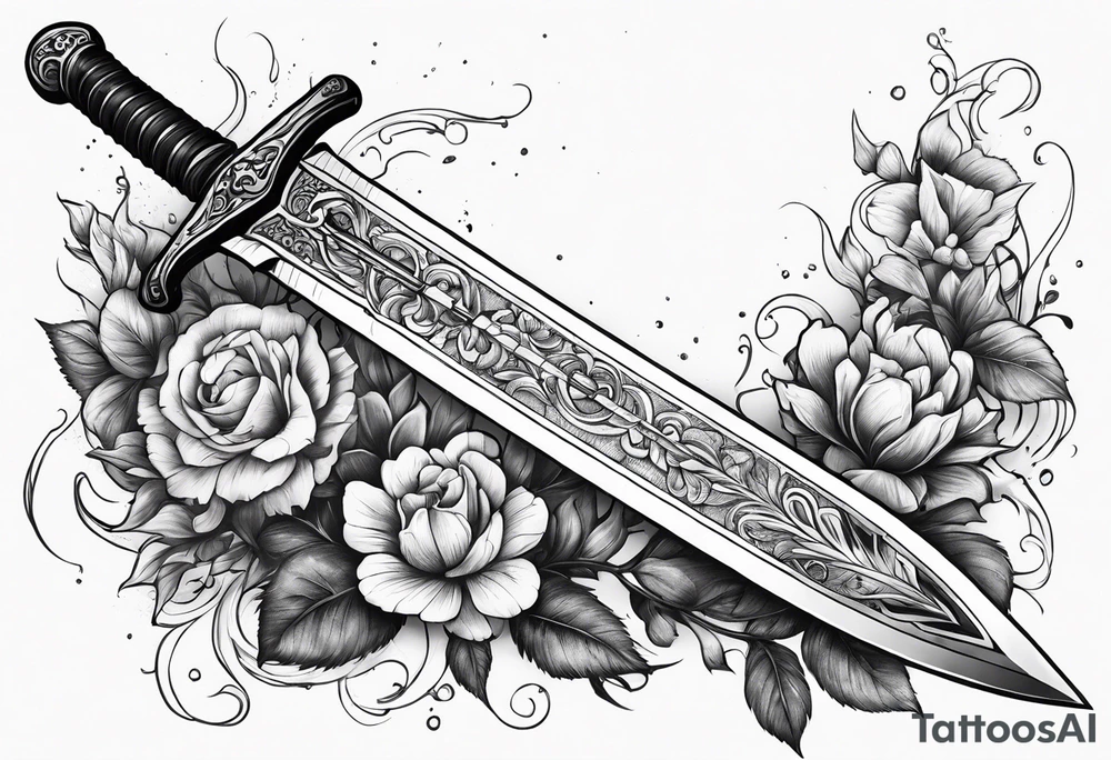 Bloody sword dripping onto flowers tattoo idea