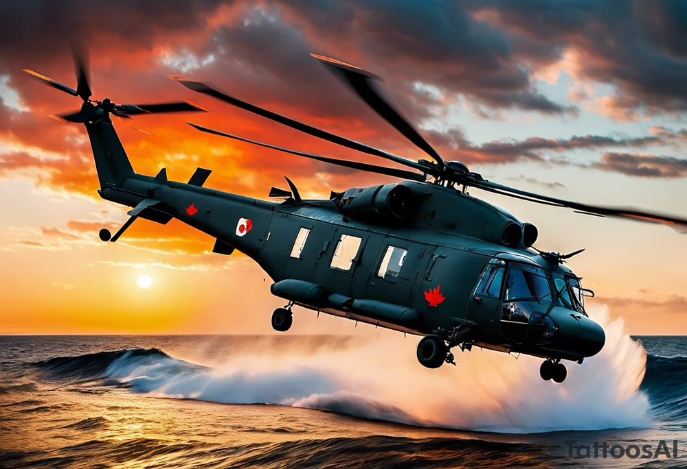 A cinematic-style tattoo depicting a Canadian military CH-148 Cyclone helicopter performing a daring maneuver over a turbulent ocean. The sky should be filled with dramatic clouds, and the sun should be setting, casting long shadows. The helicopter should be the main focus, with intricate details and a sense of motion. In the background, a poppy should be prominently displayed, and a quote from 'Lest We Forget' should be included, black and white tattoo idea