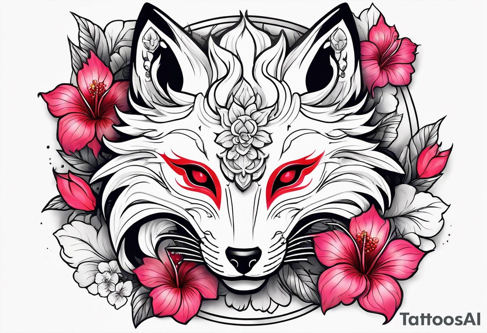 White japanese mask that looks like a kitsune with red accents and pink hibiscus flowers tattoo idea
