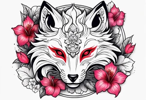 White japanese mask that looks like a kitsune with red accents and pink hibiscus flowers tattoo idea