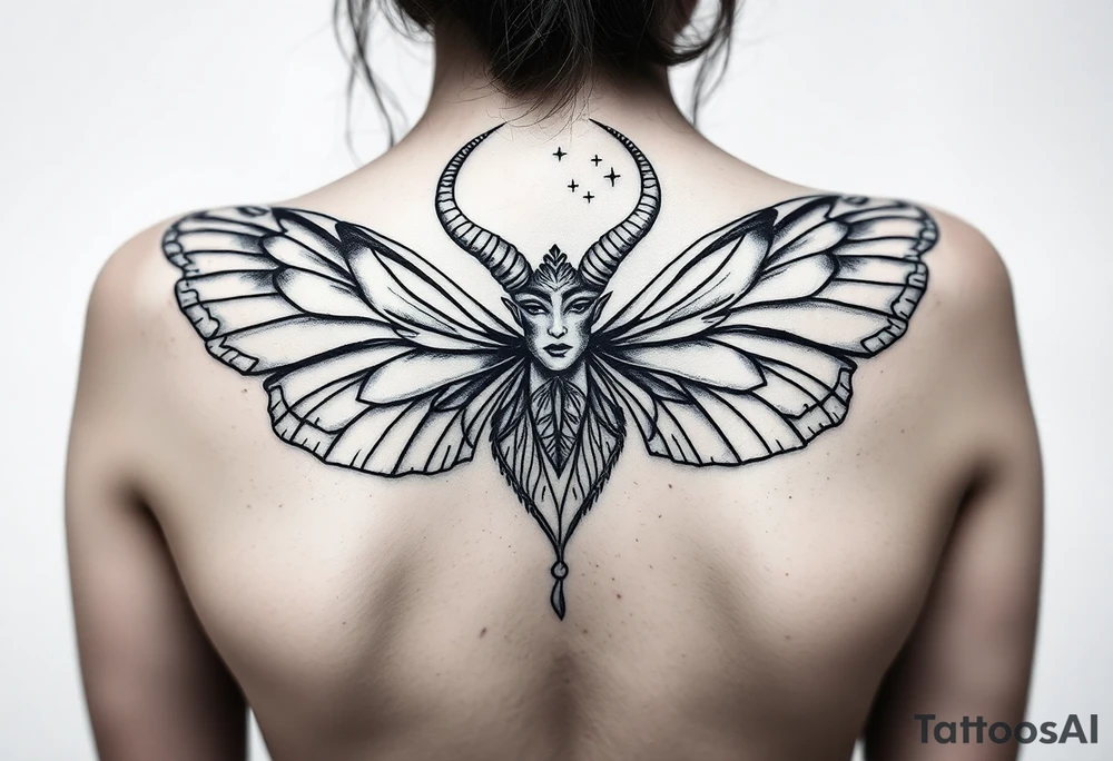 A powerful extremely sexy depiction of a start date with angel wings resembling that of a lunar moth and horns resembling the moths antennas with the son of of her head as if a Halo with two crescent men's off to each side tattoo idea