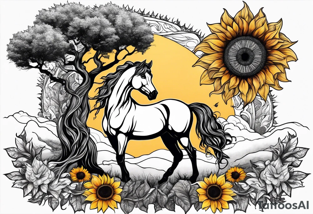 Yggdrasil tree, horse in front of it, and sunflowers tattoo idea