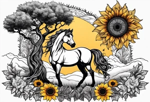 Yggdrasil tree, horse in front of it, and sunflowers tattoo idea