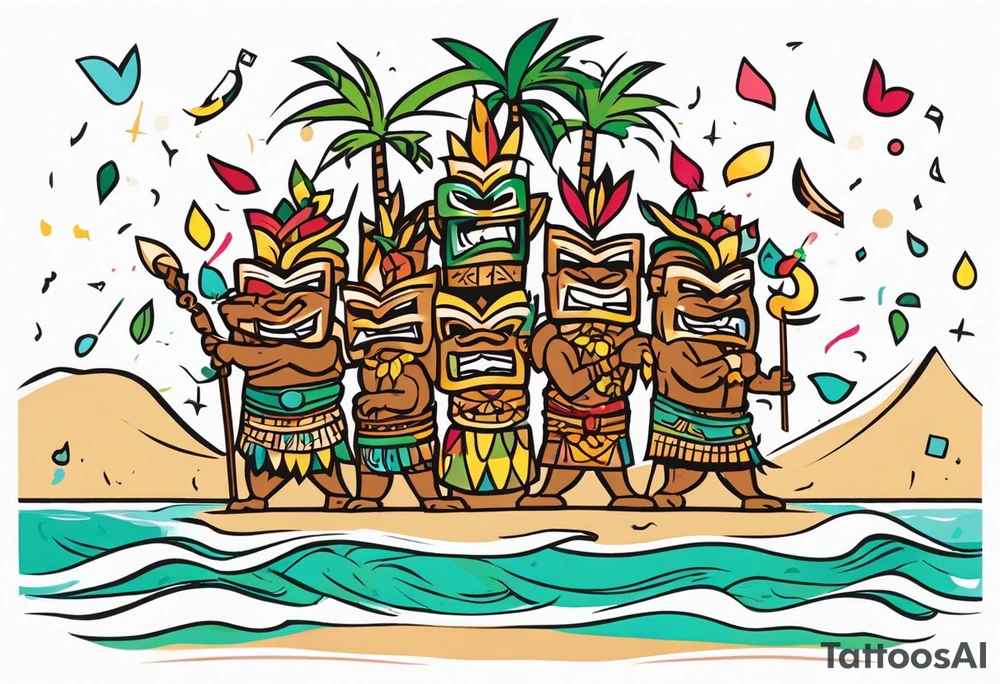hulu tiki party with dancing tiki guys and sexy tiki girls on a beach with music notes and confetti around a blank space in the middle tattoo idea